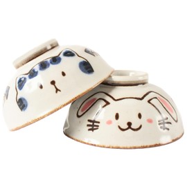 Mino ware Japanese Pottery Pair Rice Bowl Cats & Rabbit made in Japan (Japan Import) STC001