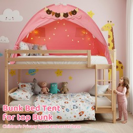 Twin Bed Tent for Kids, Girls Bed Tent Canopy Sleeping Tent Breathable Privacy Space Dream Playhouse with Stars Light & Flags, Toddler Indoor Floor Play Tent for Girls, Birthday Children‘s Gift, Pink