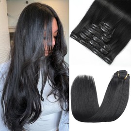 Rimoss Clip in Hair Extensions Real Human Hair - 12 Inch 7pcs, Natural Black - Soft Human Hair Clip in Hair Extensions Straight for Women (#1B 12 Inch)