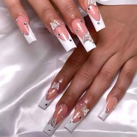Foccna Press on Nails Long Rhinestone Pink Fake Nails Butterfly Nails Square Bling Glossy White False Nail Tips Artificial Nails Finger Manicure for Women and Girls 24pcs