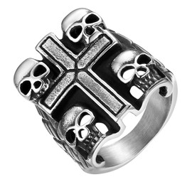 JewelryWe Retro Stainless Steel Biker Mens Gothic Skull Ring Punk Rock Cross Ring Band Black Silver-Size R 1/2