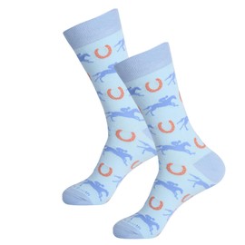 Barrel Down South Horse Racing Socks – Blue, Novelty Horse Lovers Gift Socks, Fun Cotton Crew Socks with Kentucky Horse Racing Print | One-Size, Cotton/Polyester/Spandex | Horse Racing Attire/Apparel