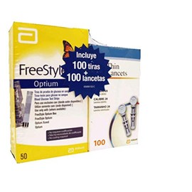 FreeStyle Optium tiras de prueba de glucosa en sangre 2 cajas con 50 tiras + una caja de FreeStyle Lancets con 100 lancetas