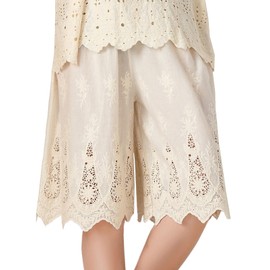 Lolita Embroidery Floral Lace Pettipants Half Slips for Womens Lightweight Cotton Linen Bloomer Short Pants Beige