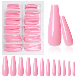 AddFavor 120pcs Press on Nails Long Coffin Fake Nails, Full Cover Extra Long Press on Nails Pink Glossy XL Ballerina Pressos Nails Acrylic Artificial False Nail Tips 12 Sizes for Women