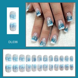 24Pcs Christmas Press on Nails French Tip,Medium Coffin Fake Nails Blue Glitter Design Full Cover Glue on Nails Xmas Snowflake False Nails Glossy Square Acrylic Nails for Women Winter Nail Decoration