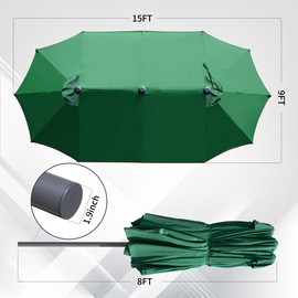 TECYFNTLN 15FT Outdoor Umbrella for Patio, Double Sided Pool Rectangle Umbrellas with Crank Handle, Large Table Umbrella for Deck, Market, Backyard - Green