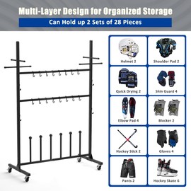 LUCKUP Hockey Gear Drying Rack for 2 Sets, Ice Hockey Gear Holder Field Hockie Equipment Dryer, Multifunctional Sports Metal Rack with Wheels & Hooks for Organized Storage Space Saving