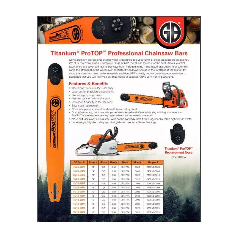 GB TITANIUM PROTOP CHAINSAW BAR FITS STIHL LARGE MOUNT 25"