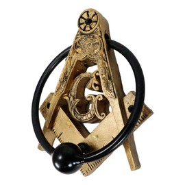 Ebros Gift Antiqued Faux Gold Freemasons Freemasonry Masonic Square and Compasses Monogram Decorative Door Knocker with Scroll Art Crafted Resin with Metal Ring Hardware