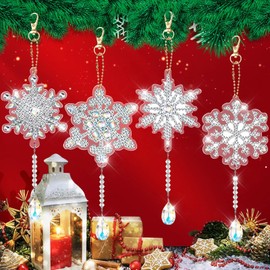 Diamond Painting Christmas Pendant Snowflakes Pack of 4, Diamond Painting Christmas, 5D Christmas Diamond Painting Key Ring on Both Sides, Christmas Snowflakes DIY Diamond Painting