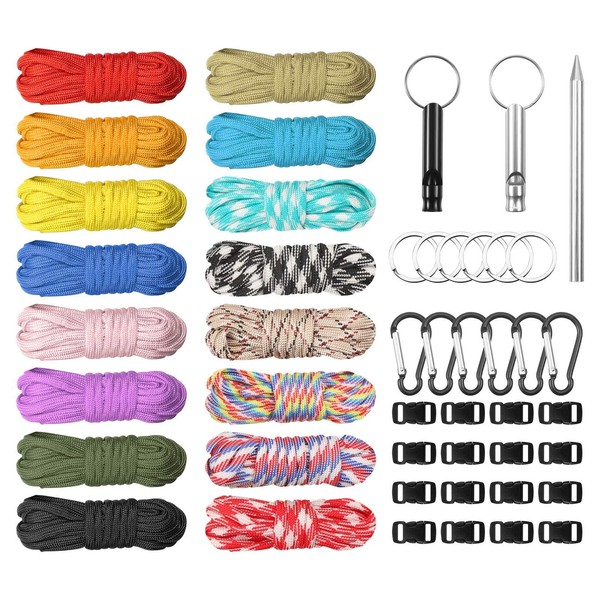 Aoliandatong 160 Feet 16 Colors Paracord Cord with Buckles Keychain Key Rings and 3 Piece Paracord Lacing Needle Stitching Needles Kit,Paracord Combo Crafting Kits