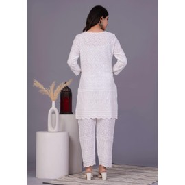 JG JAI GOVINDAM Indian Kurtis for Women Pakistani Salwar Kameez Suit Set Indian Dresses Chikankari White Kurti Pant & Dupatta Set (S)