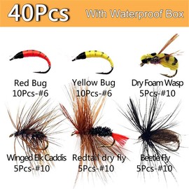 OutdoorFishing Fly Fishing Flies Kit Fly Assortment Trout Bass Fishing with Fly Box, 33/48/72/100/114/148pcs with Dry/Wet Flies, Nymphs, Streamers, Popper (40Pcs/Box)