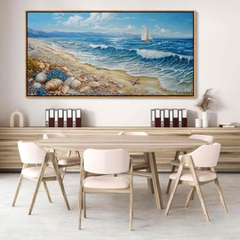 HGUAOA Coastal Wall Art - Large Landscape Wall Art for Bedroom and Living Room - Blue Ocean and Beach Pictures - Sailboat and Farmhouse Artwork - Elegant Wall Pictures for Home Decor 29×58IN
