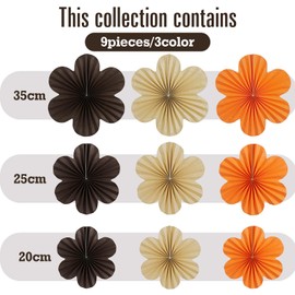 SUNBEAUTY Paper Flowers Decorations for Wall Paper Fans Classroom Decoration Paper Floral Backdrop Decor Paper Fans Decoration Hanging Paper Fans Brown Flower Wall Decor,Set of 9