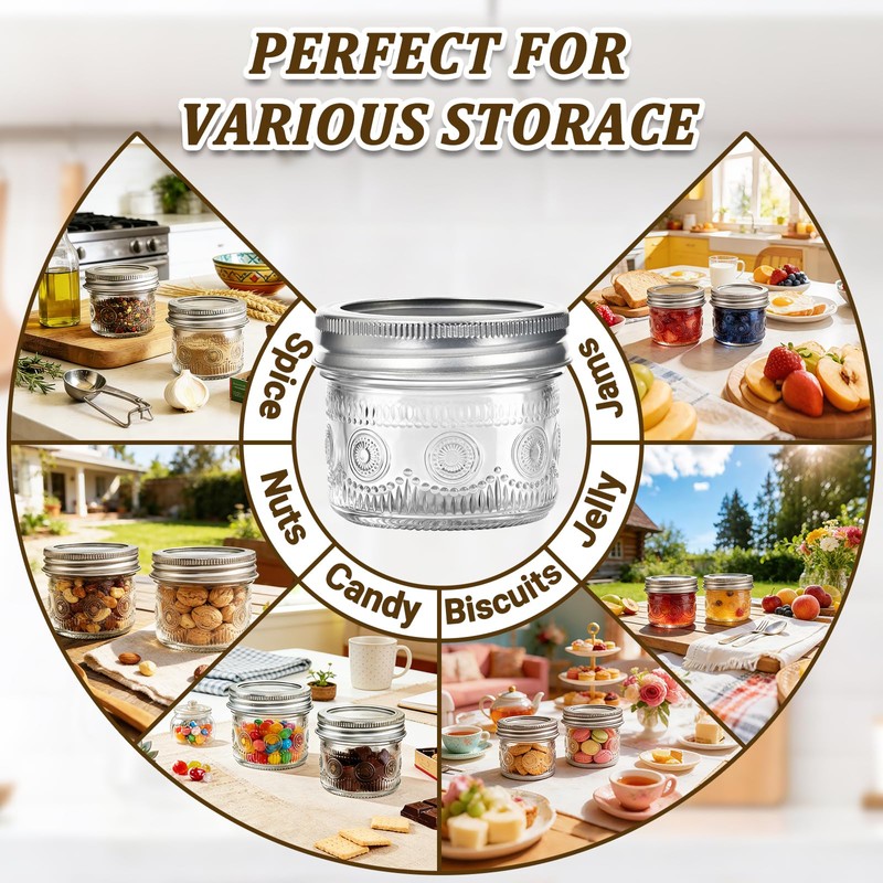 Alotpower 4 oz Glass Small Mason Jars with Embossed Pattern