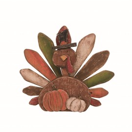 One Holiday Way Rustic 14-Inch Brown Distressed Wood Pilgrim Turkey Figure with Pumpkin Accents Tabletop Autumn Decoration - Fall Thanksgiving Wooden Centerpiece - Country Farmhouse Harvest Home Decor
