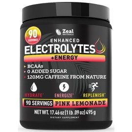 Zeal Electrolyte Powder - 90 Servings | Keto Electrolytes Powder | Zero Sugar, BCAAs, B-Vitamins | Potassium, Zinc, Magnesium | Hydration Powder Recovery Drink | Pink Lemonade