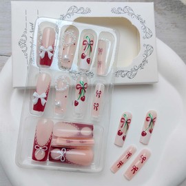 24Pcs Long Square Press on Nails Red French Tip Fake Nails Heart Bow Charm Acrylic Nails Summer Cherry False Nails Glossy Full Cover Cute Stick on Nails Pearl Artificial Glue on Nails for Women Decor