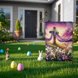 EKOREST Easter Garden Flags 12x18 Inch Double Sided, Religious Cross with Purple Lilies Flowers Small Seasonal Decoration for Holiday Anniversary Yard Outside Outdoor Decor