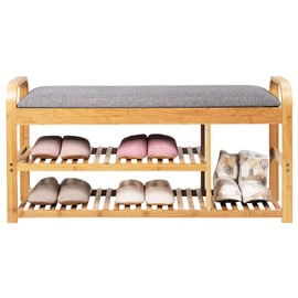 Julimoon 3-Tier Shoe Rack Bench, Bamboo Shoes Bench Storage Organizer Shelf with Sponge Cushion for Entryway, Hallway, Bedroom, Living Room, Holds Up to 330 lbs, Natural+Grey