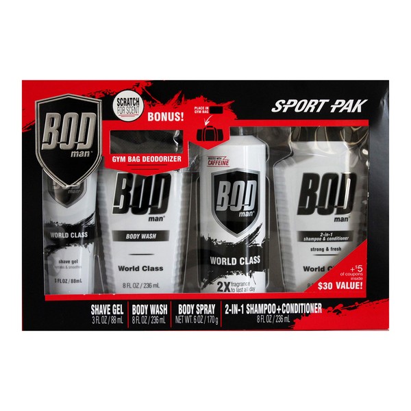 Bod Man (1) Box Set Sport Pak - World Class Scent - 5pc Set Includes: Shave Gel, Body Wash, Body Spray, 2-in-1 Shampoo+Conditioner, Gym Bag Deodorizer