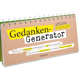 Gedanken-Generator: 125.000 überraschende Fragen zur Selbsterkenntnis | Spiralaufsteller quer mit dreigeteilten Seiten. Zufallsgenerator mit lustig-absurden Fragen zur Selbstreflexion.