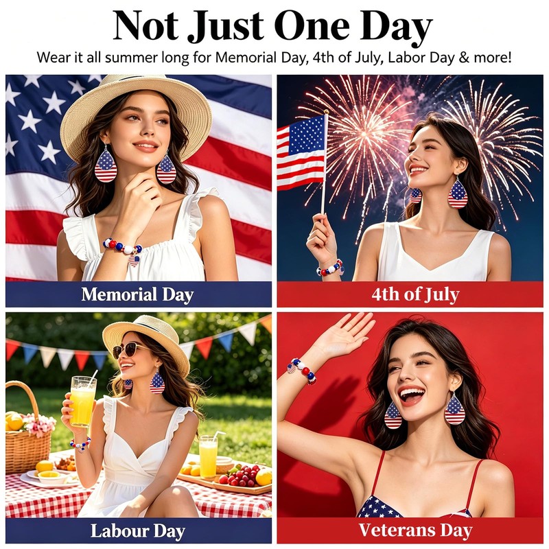 Patriotic 4th of July Flag Earrings Bracelet Set for Women
