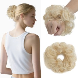 Benehair Human Hair Messy Bun Tousled Updo Elastic Hair Bun Curly Wavy #60 Platinum Blonde Real Hair Scrunchies Hairpiece for Women 23g