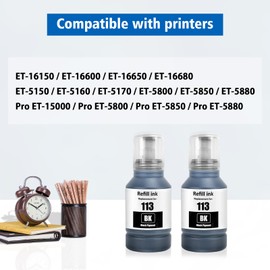 ASEKER 113 Ink Bottles 2 Black Compatible for Epson EcoTank ET-5150 ET-5160 ET-5170 ET-5800 ET-5850 ET-5880 ET-16150 ET-16600 ET-16650 ET-16680 Pro ET-5800 ET-5850 ET-5880 ET-15000 Printer (BK*2)