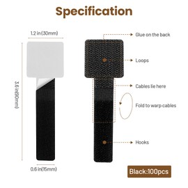 100pcs Hook and Loop Cable Ties, gliship Adhesive Wire Management, Adjustable Cable Straps Cord Wrappers Keeper Cord Holder, Sticky-Back Cord Organizer for Kitchen Appliances at Office, Home - Black