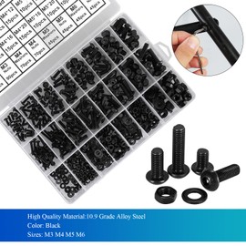 HanTof 720Pcs Grade 10.9 Alloy Steel M3 M4 M5 M6 Button Head Hex Socket Cap Screws,Allen Head Intnal Hex Machine Screws Bolts,Nuts and Washers Assortment Set with 4 Hex Wrenches,Fully Threaded (Black)