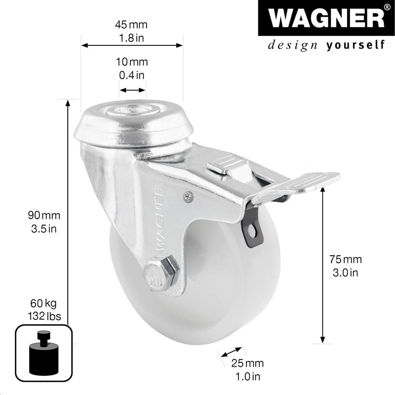 WAGNER Swivel Castor with Back Hole Diameter 75 mm Height
