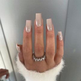 SXVME Light Grey False Nails Long Square, Acrylic Press on Nails Long Medium Coffin, Glossy Gel Fake Nails Press on, Solid Color Square Tip Nails Stick on Nails For Women Daily Wear, 24 Pcs