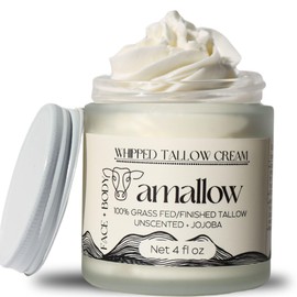 Amallow 100% Grass Fed Beef Tallow for Skin Care - Face + Body - Whipped Moisturizer for Sensitive Skin - Natural Lotion, 4 FL. oz. (Unscented + Jojoba Oil)