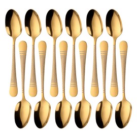 BUYER STAR Gold Dinner Spoons Set of 12, Hammered Stainless Steel Table Spoon Cutlery Set, Dessert Spoons with Laser Snake Pattern for Home Restaurant, Dishwasher Safe - 7.5 Inch