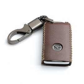 WFMJ Leather for Mazda 3 Hatchback CX-5 CX-30 CX-9 Remote Smart 4 Buttons Key Case Holder Cover Fob Chain (Brown)
