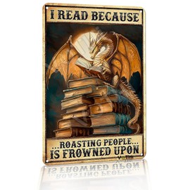VOTHI Funny Library Decor Dragon Bookends Tin Sign,I Read Because Roasting People Is Frowned Upon,Fantasy Decor,Book Accessories for Reading Lovers or Home Cafe Library Bookshelf Wall Decor 8x12 In