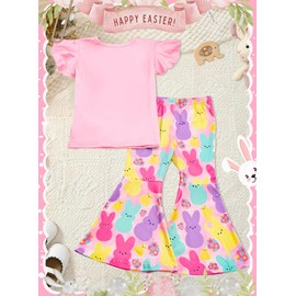 Happy Easter Outfit for Toddler Girl - Cute Bunny Top Flutter Sleeve Shirts Colorful Rabbit Flare Pants Clothes Set(Pink,90,1506b)