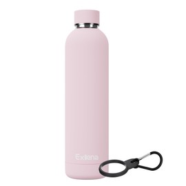 Exllena Insulated Water Bottles 1l with Clip, Double Wall Vacuum Drinks Bottle Keeps Drinks Cold 24 Hrs/Hot 12 Hrs, Stainless Steel Water Bottle BPA Free(Pink)
