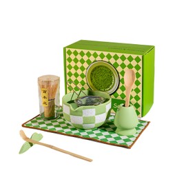 Jubiq Matcha Whisk Set - 8Pcs Ceramic Matcha Kit for Traditional Tea Ceremony, Green Checkered Matcha Tea Whisk Set, with Premium Gift Box