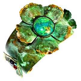 Elaine Coyne Collectible Artwear Verdigris Patina Sculptural Flowers Tapered Cuff - Chrysocolla