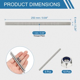 PATIKIL 5 Pcs Fully Threaded Rod, M6 x 250mm 304 Stainless Steel Right Hand Long Thread Bar Studs with Nuts for Pipes Clamps Hangers U-Bolts