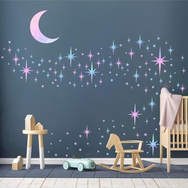 Retro Star Wall Decals Sparkle Wall Decals Peel and Stick Rainbow Star Moon Wall Stickers Starburst Wall Decor for Kids Room Colorful Star Art Murals Wallpaper for Ceiling Baby Bedroom Nursery Decor