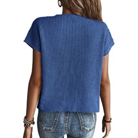 KIRUNDO Womens Summer Tops Short Sleeve Sweater Crew Neck Loose Oversized Knit Pullover Plus Size Spring Clothes for Women(Blue, Medium)