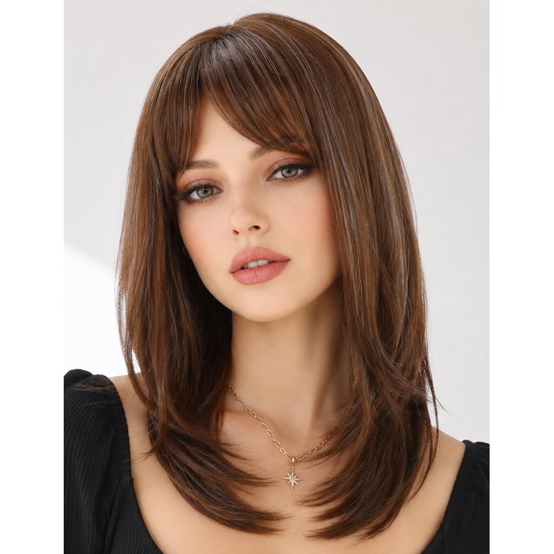 TISHINING Pelucas marrones para mujeres blancas, longitud media, capas, mezcla