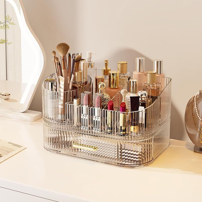 STORICANS 360° Rotating Makeup Organizer with Drawer, Clear Acrylic Cosmetic