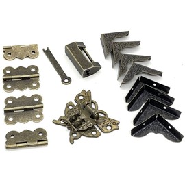 Antique Bronze Butterfly Hasp Latch Buckle Vintage Padlock Lock Latches Box Corner Protectors and Butterfly Hinge Small Wooden Box Hardware Kit for Repair Decorative Jewelry Box Retro Design