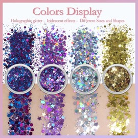 Allstarry Holographic Chunky Body Glitter 4 Colors Mermaid Rave Accessories with Body Glue for Women Makeup Nails DIY Crafts